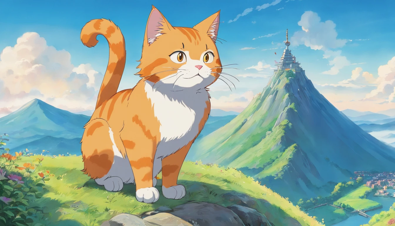 The orange cat came to the top of the mountain