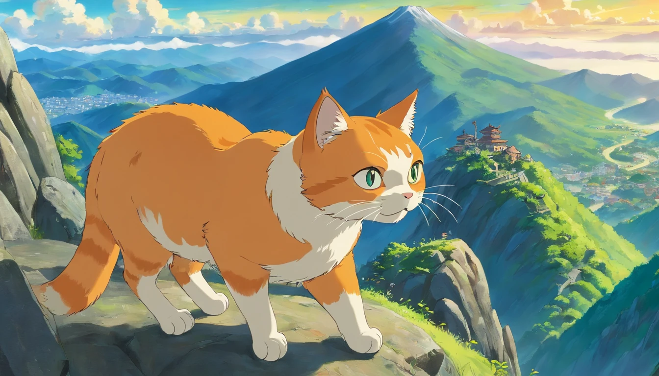 The orange cat came to the top of the mountain