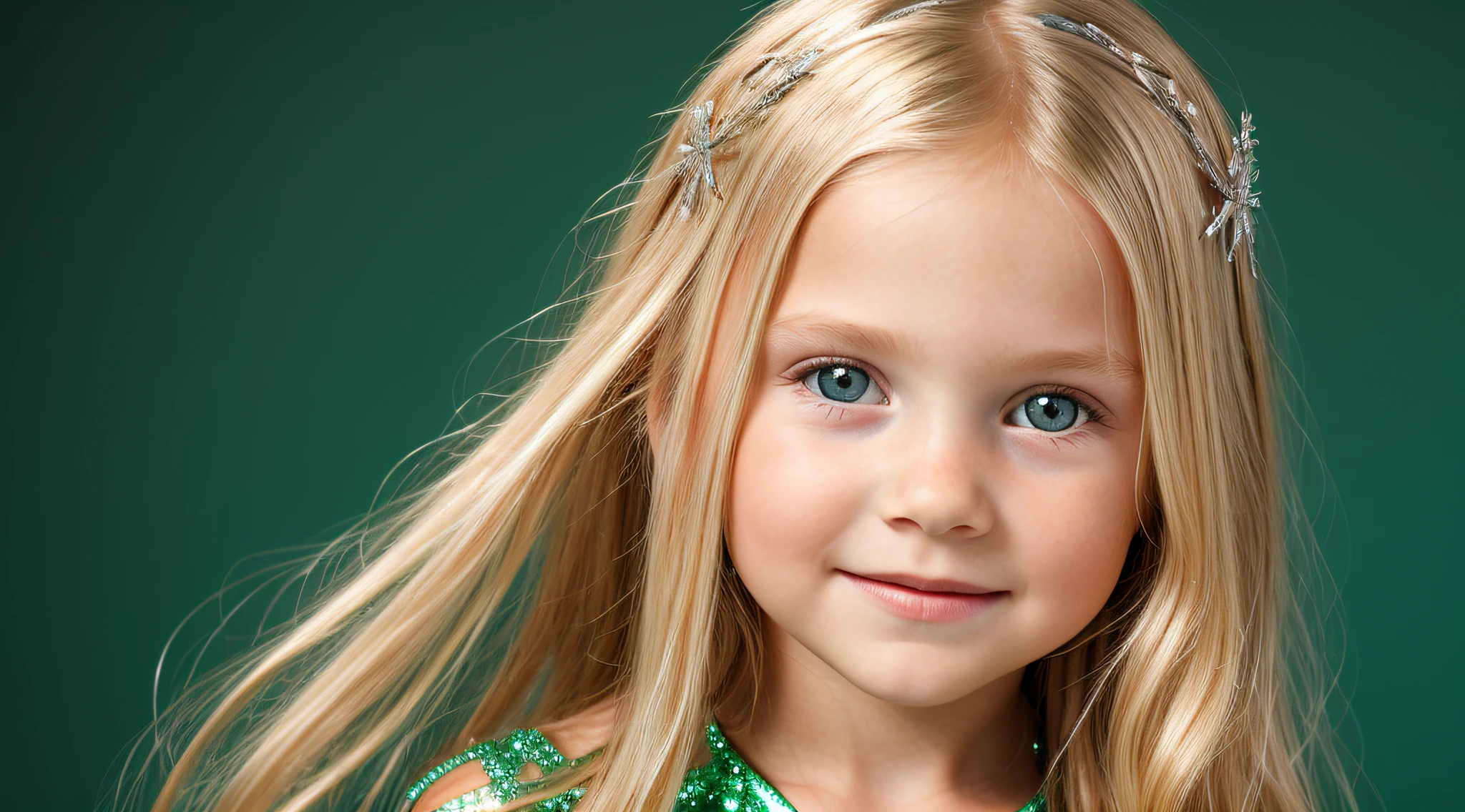 close-up CHILDREN BLONDE GIRL WITH LONG HAIR, em um fundo VERDE., usando um vestido prateado, vestido prateado e halo em chamas, Studio photo session, fundo branco.