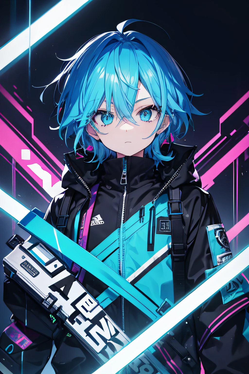 1 guy, streetwear, azure hair, azure eyes, neon, absurdres, high res, ultrasharp, 8k, masterpiece, aesthetic