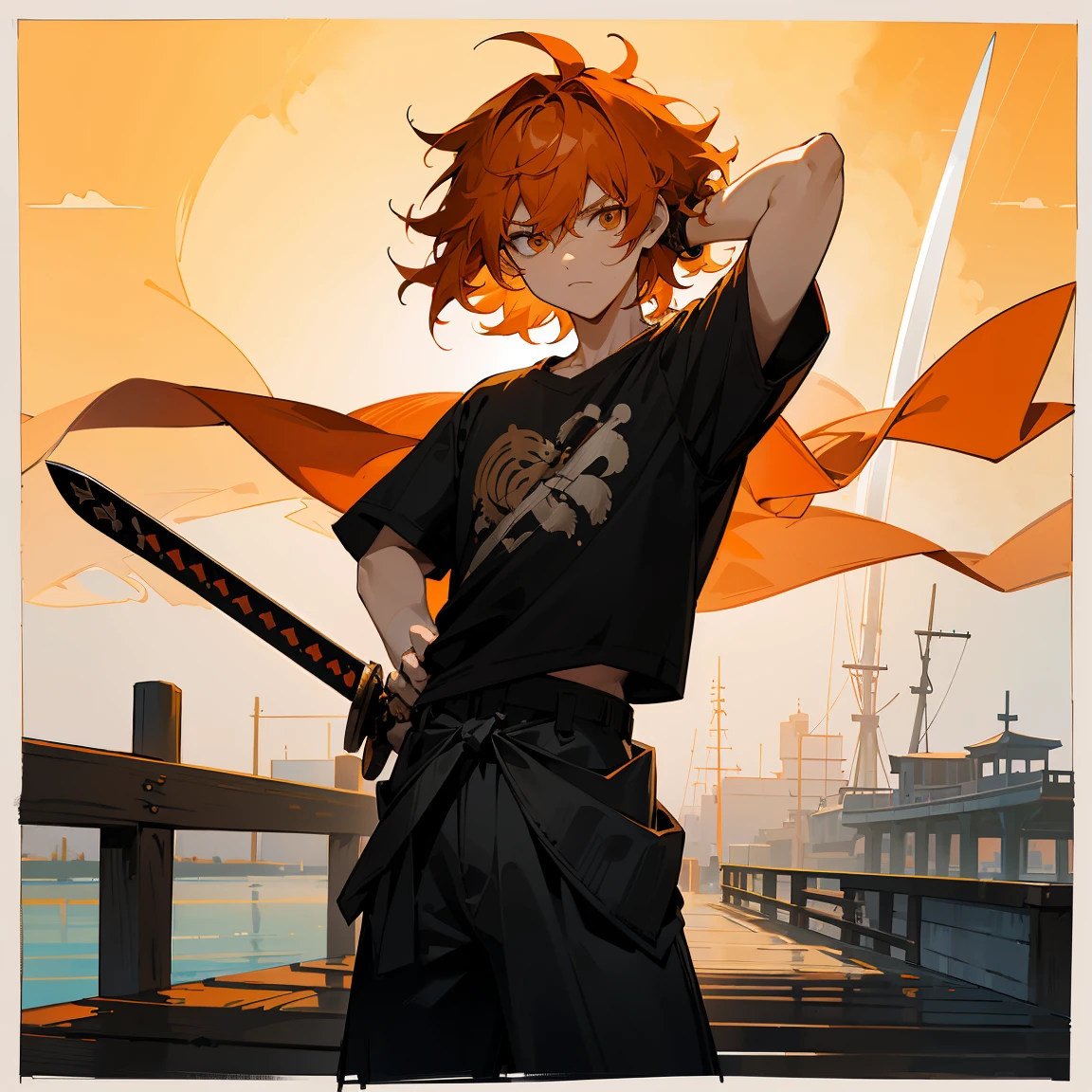 Orange Hair ,Tied Backnot in hair , Shaggy Hair , Messy Hair , Medium Length Hair , 1male , Black Shortsleeve T-Shirt , Baggy Black Pants , Standing on boat dock , Sword Sheathed , Sword Sheathe , Sword On Hip , Intricately Detailed Sword Sheathe , Folded Arms