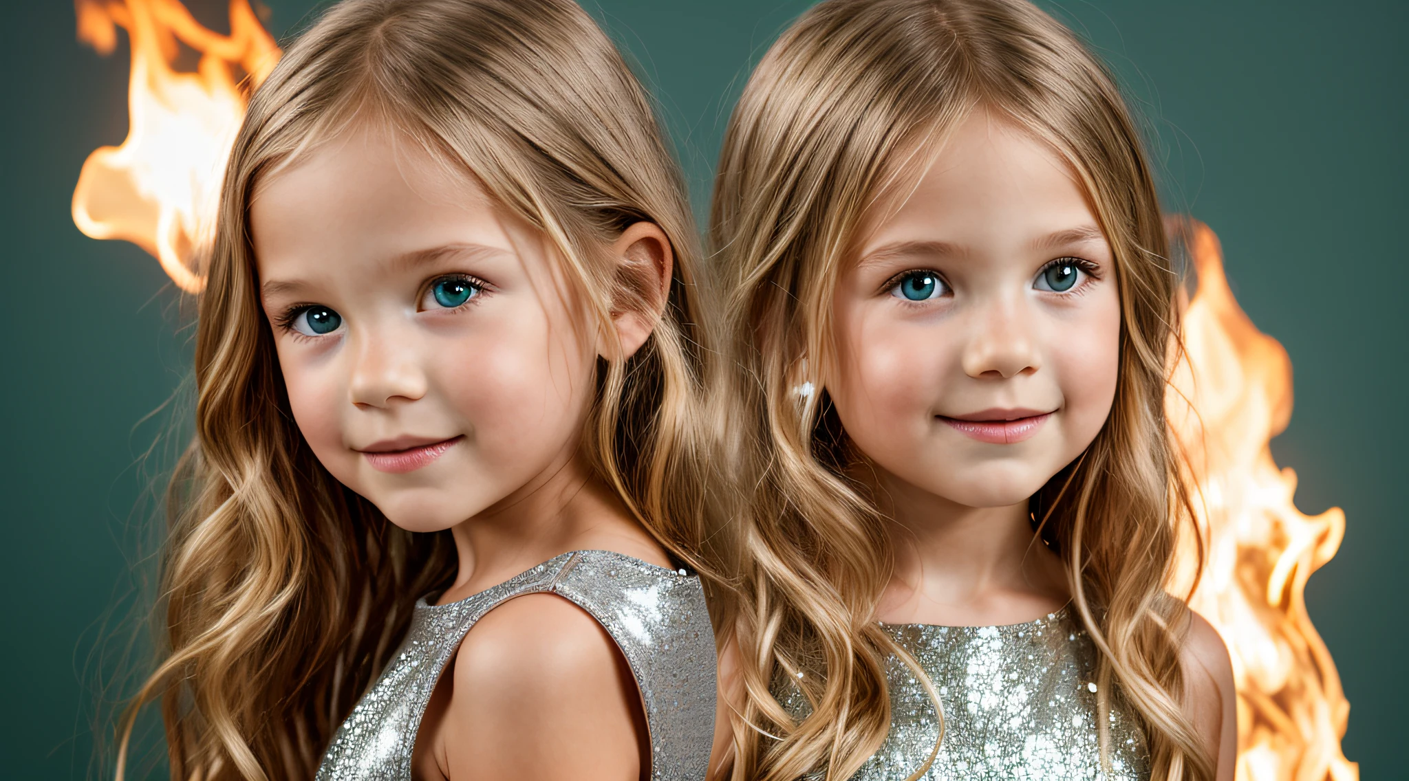 close-up CHILDREN BLONDE GIRL WITH LONG HAIR, em um fundo VERDE., usando um vestido prateado, vestido prateado e halo em chamas, Studio photo session, fundo branco.
