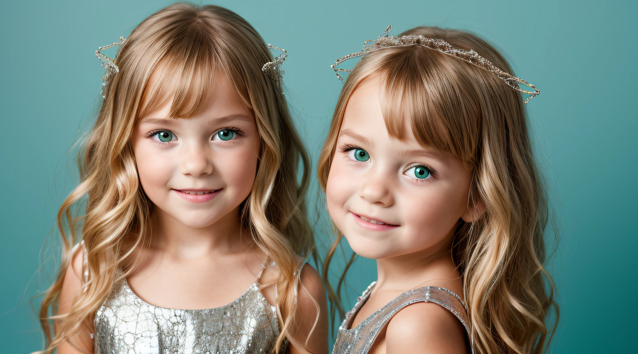 close-up CHILDREN BLONDE GIRL WITH LONG HAIR, em um fundo VERDE., usando um vestido prateado, vestido prateado e halo em chamas, Studio photo session, fundo branco.