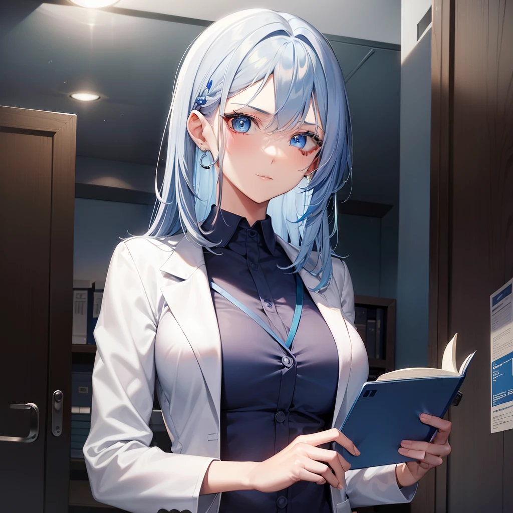 A beautiful woman with blue eyes and blue hair, wearing a doctor attire looking at you coldly