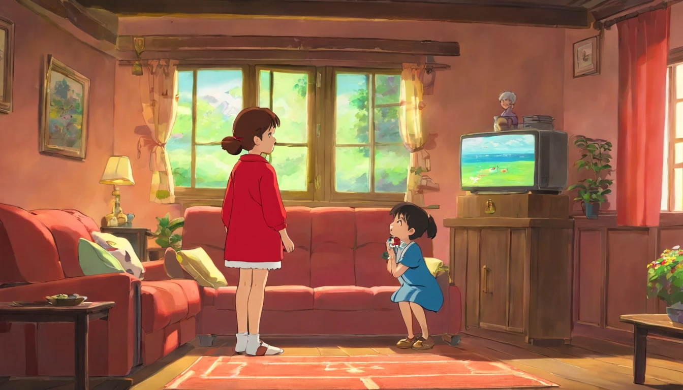 Inside the living room of grandma&#39;s house，Younger sister，7 years old，Red clothes，Watching TV，
