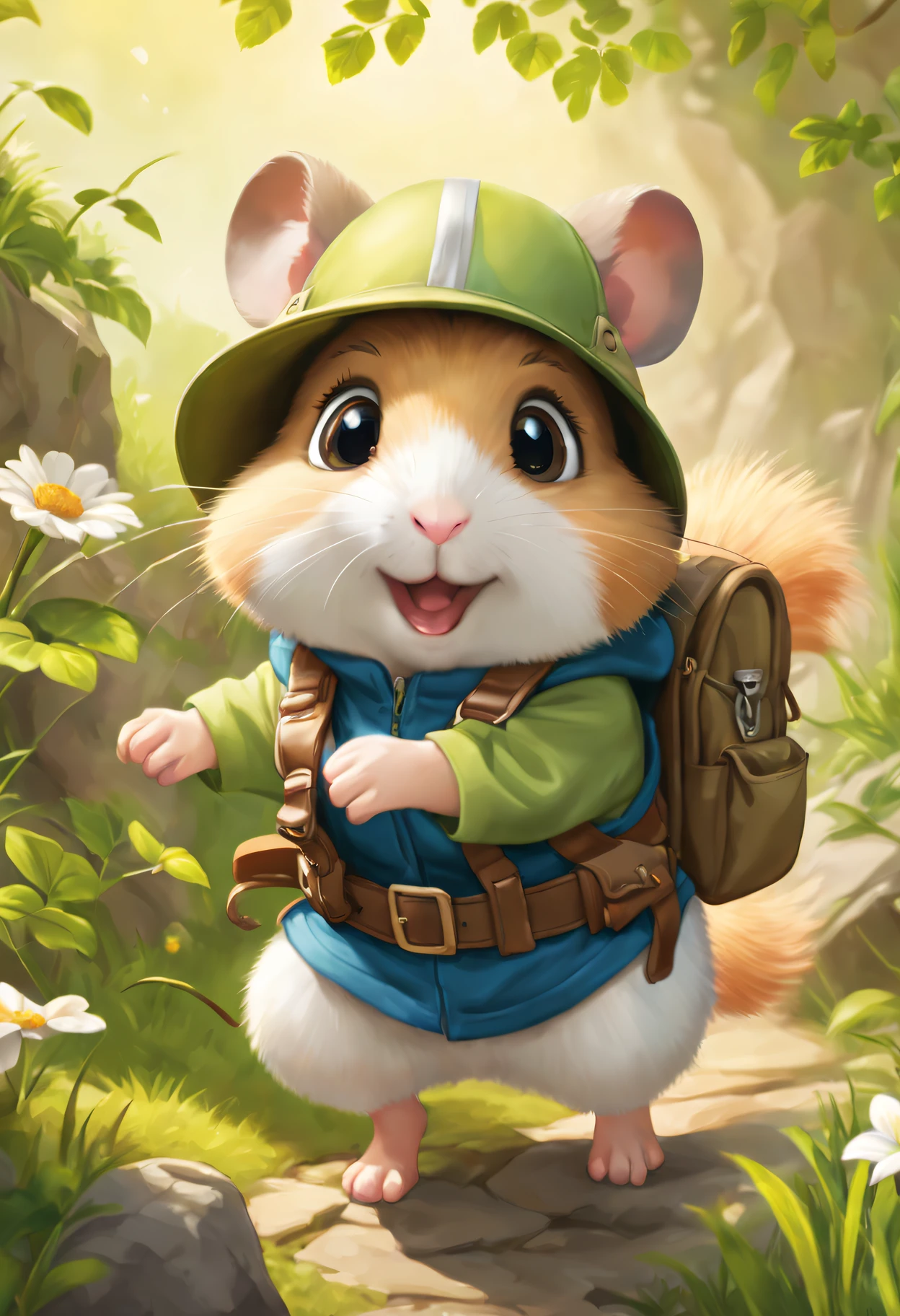 Best quality at best,ultra - detailed,actual,Hamster Explorer,Wear outdoor adventure clothing,Carrying an adventure backpack,(soft fur:1.1),(eyes with brightness:1.1),(furry tail:1.1),(curious expressions:1.1),adventurous hamster,Explore the unknown,Exciting journey,green garden,golden rays of sunlight,playful shadow,beautiful flowers,Colorful plants,Lush grass,tiny paw prints,happy little adventurer,Explore every nook and cranny,Be brave and fearless,Small creatures in the big world,Find hidden treasures,climb branches,jump over rocks,Discover hidden paths,Cheerful personality、Full of prunes,Capturing the spirit of exploration.