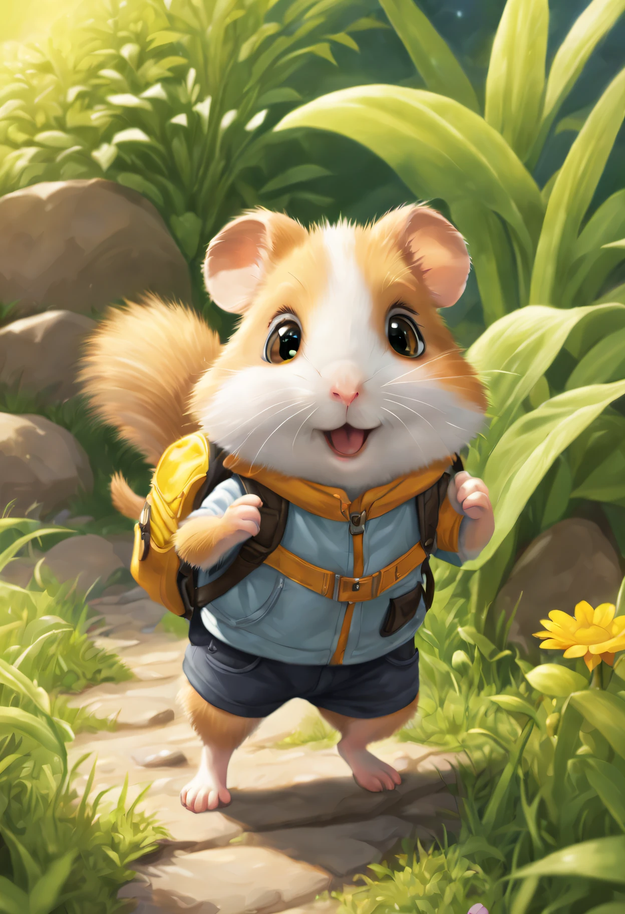 Best quality at best,ultra - detailed,actual,Hamster Explorer,Wear outdoor adventure clothing,Carrying an adventure backpack,(soft fur:1.1),(eyes with brightness:1.1),(furry tail:1.1),(curious expressions:1.1),adventurous hamster,Explore the unknown,Exciting journey,green garden,golden rays of sunlight,playful shadow,beautiful flowers,Colorful plants,Lush grass,tiny paw prints,happy little adventurer,Explore every nook and cranny,Be brave and fearless,Small creatures in the big world,Find hidden treasures,climb branches,jump over rocks,Discover hidden paths,Cheerful personality、Full of prunes,Capturing the spirit of exploration.