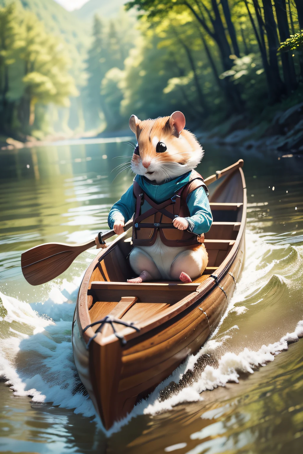 hamster adventurer, Adventurer's Costume, Hamster enjoying a canoe trip down the river, (Motion Blur), (best composition), (masutepiece), (Best Quality), (ultra high detail)