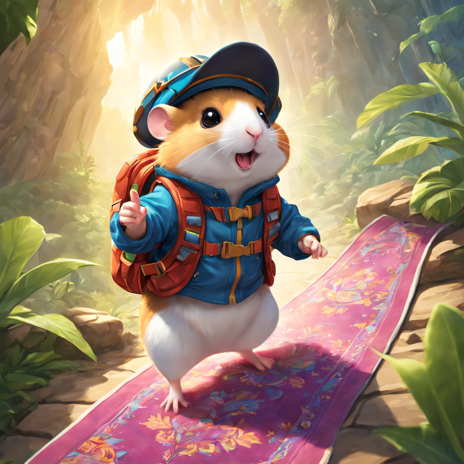 Hamster wearing outdoor adventure suit,Adventure hat，Carrying an adventure backpack, Fly on a magic carpet，Explore the virgin jungle，High hills，the sunset, catch the sun:0.8, Like shards of glass that infuse warmth and energy into the space:0.4 Flash and dance.