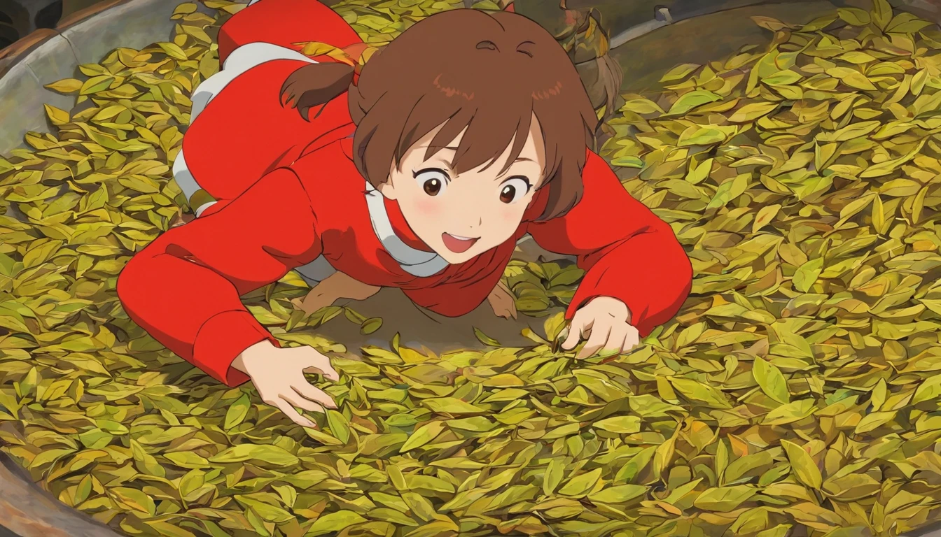 Drying tea leaves，，Younger sister，7 ，Red clothes，Close-up，Laugh happily