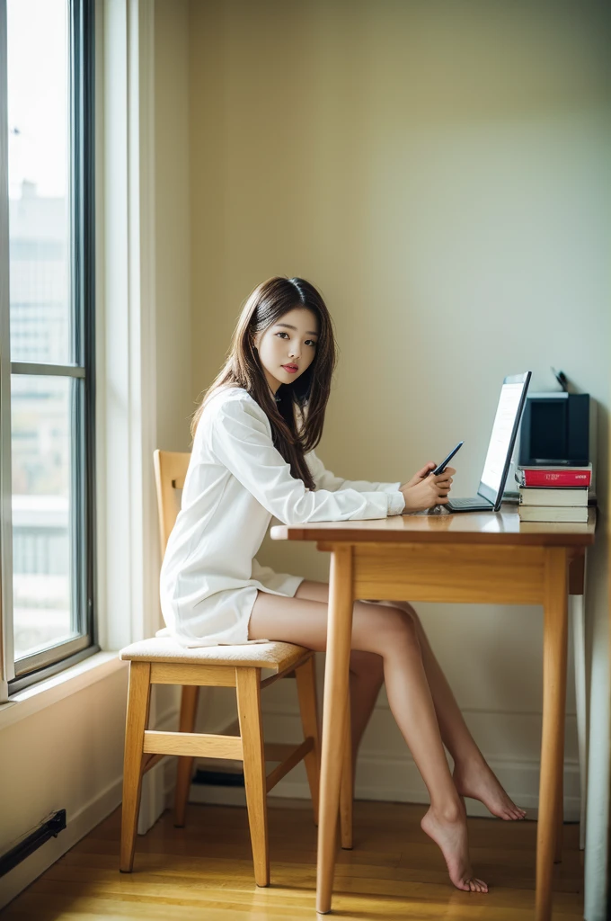 Woman sitting at desk in office，Raphael Tower visible from the window, gorgeous young korean woman, beautiful Korean women, korean artist, Korean girls, korean woman, sittinng on the desk, beautiful young korean woman, Korean fashion model, sit at your desk, illuminate warmly, Bae Xiuzhi, sit on chair, sit at your desk, captivating posture