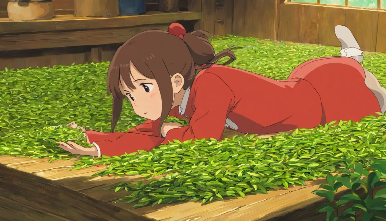 Drying tea leaves,Younger sister,7 years old,Red clothes,