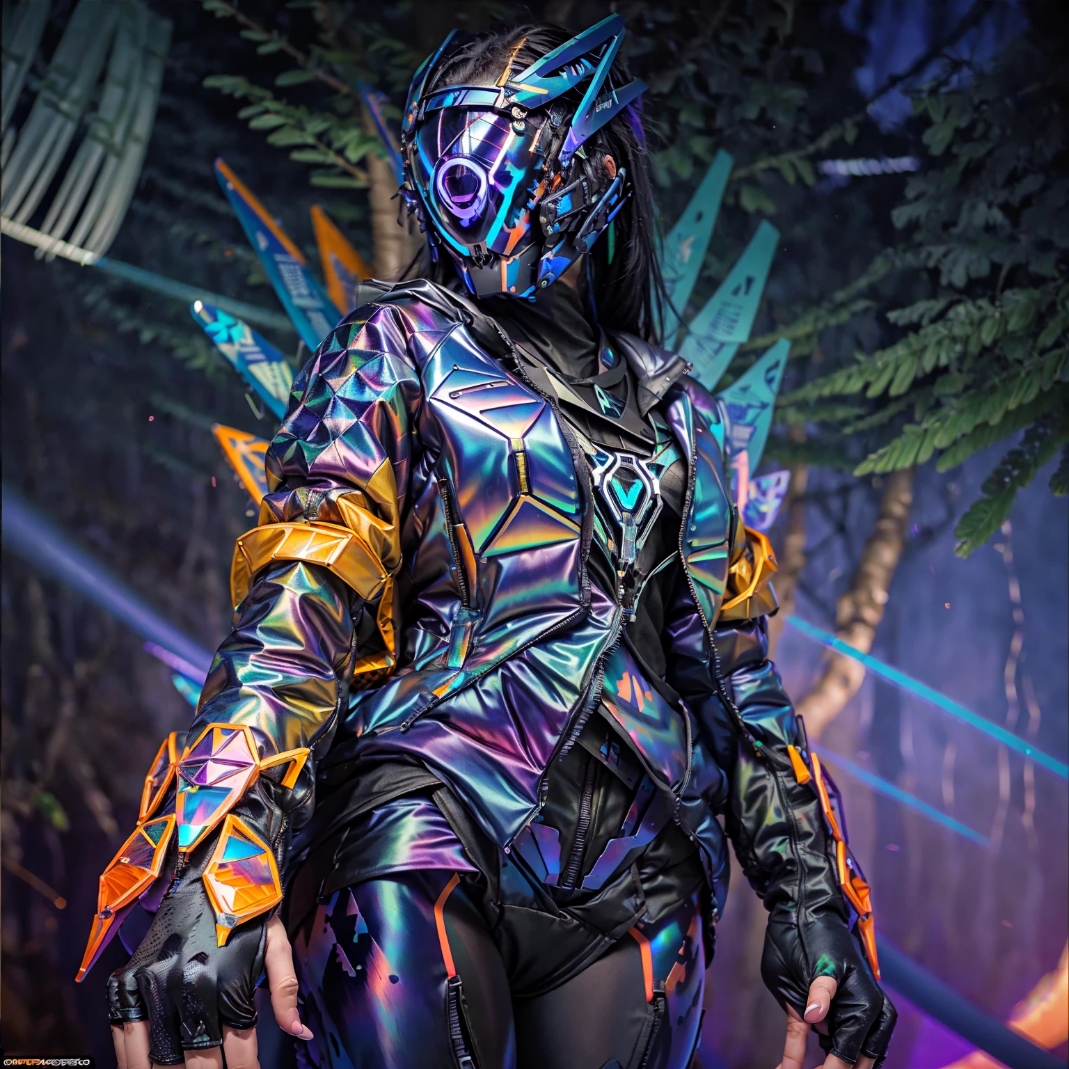 Female woman, ninja assassin wearing Cyberhelmet with iridescent color-changing properties, (Mandarin Jacket:1.2), (tight full bodysuit:1.1), (Forest Glade,Skyward Blue color background:1.3),