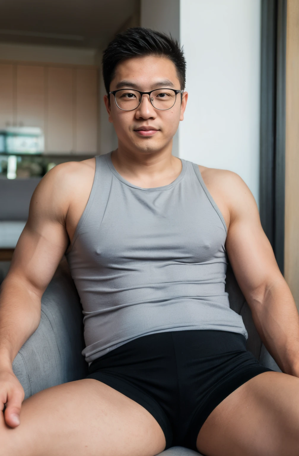 Andrew thomas huang, oval face, eyeglasses, neat muscular, sleeveless shirt, tight shorts, living room, sitting