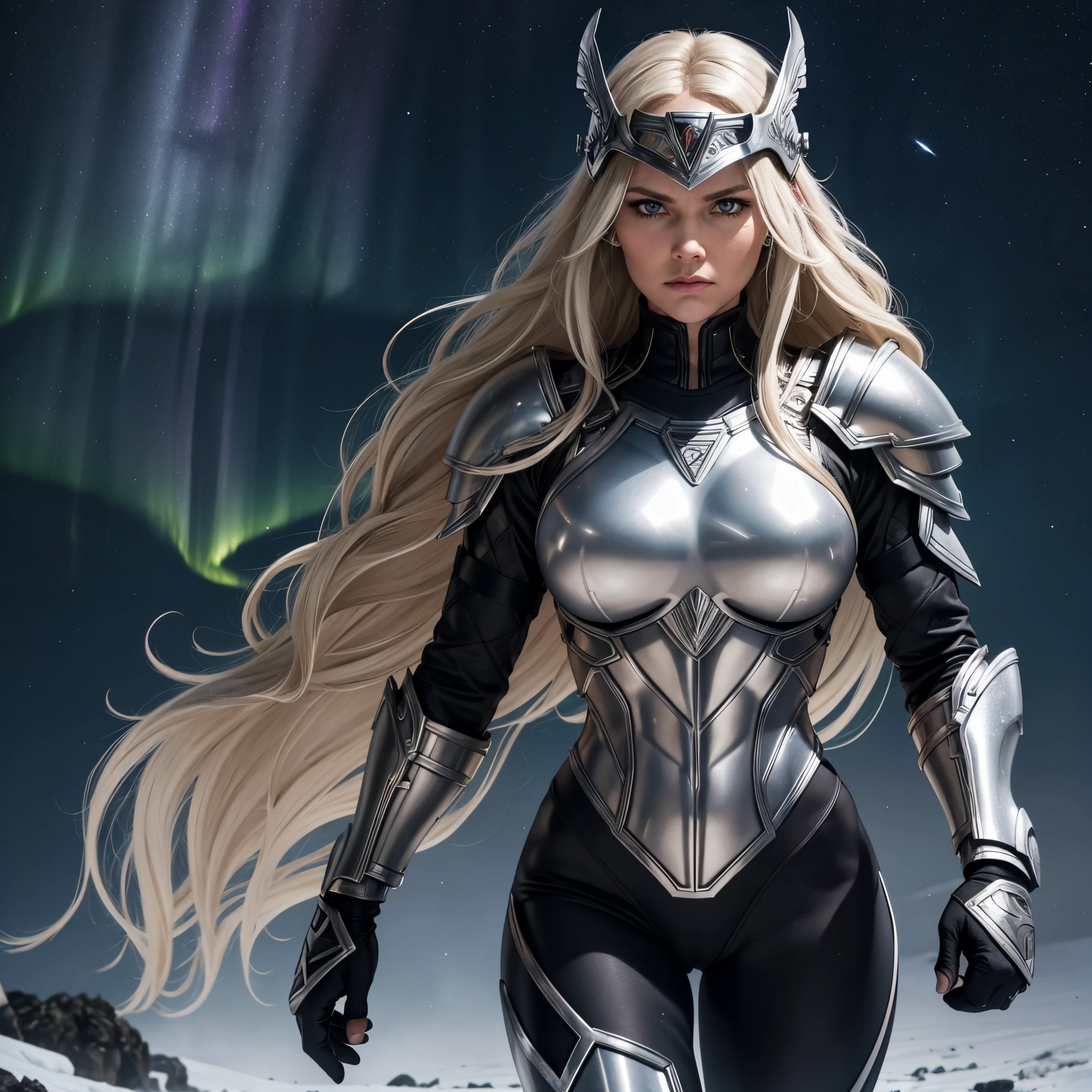 BOMBSHELL VALKYRIE, MATURE WOMAN, 30 YEARS OLD, ATHLETIC BODY, MUSCLES, HUGE LONG HAIR, BLOND HAIR, GRAY EYES, ROSY CHEEKS, VALKYRIE HELM, ANGRY FACE EXPRESSION, SILVER HELM, BLACK BODYSUIT UNDER ARMOUR, FULL BODY SILVER ARMOUR, SHINING ARMOUR, MITHOLOGY, NIGHTSKY, NORTHERN LIGHTS, CCURATE, 16K QUALITY.
