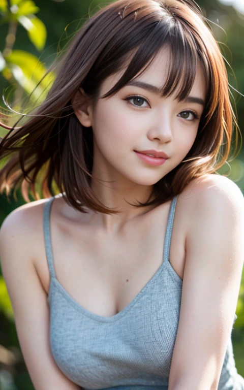 masterpiece, Best Quality, 8K, 1girl, good hand, 24 yo, face closeup, lively, active, life force, luminescence, Looking away, Raw photo, F/1.8, 135 mm, NIKON, Anatomically correct, bokeh,Textured skin, Professional Photography, Portrait, Soft light, Professional Lighting, Solo, (Smile), Cute, Girly, Film grain, (Eyes and faces with detailed:1.0), brown hair, short hair swaying in the wind, bangs
