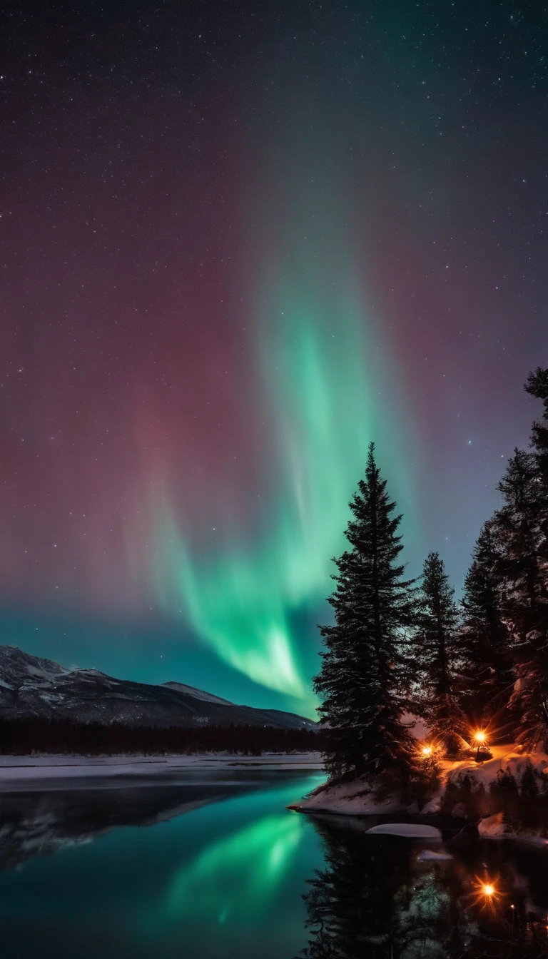 outdoor paysage, christmas, Santa, Holidays, cadeaux, guirlande, boule de noel, neige, sapin decor, Nuit, starry night sky, lac, lights, rouge, Aurora borealis