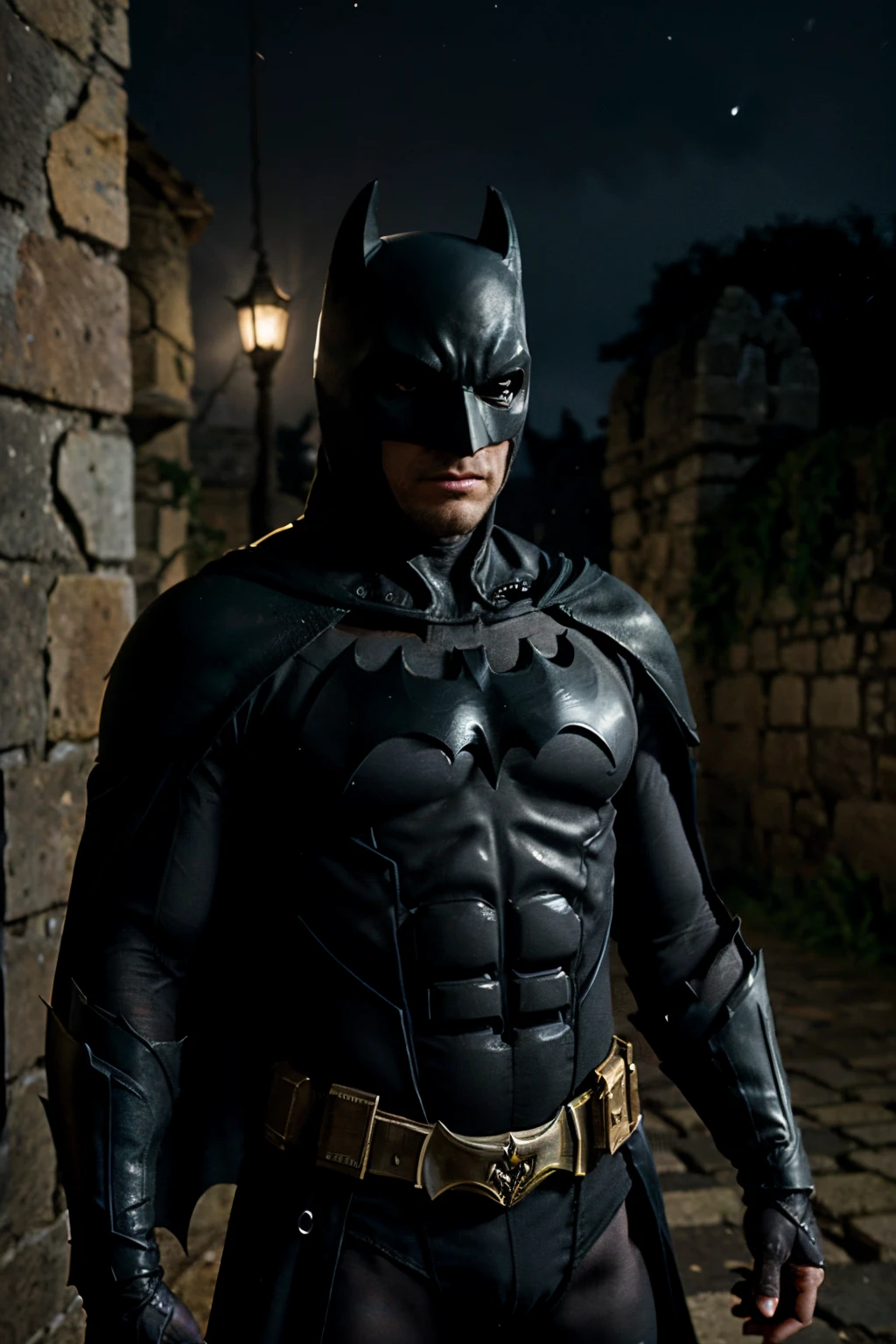 batman, forte musculoso, com uma armadura medieval, em cima de um castelo, castlevania, ambiente noturno , iluminado apenas pela nua,