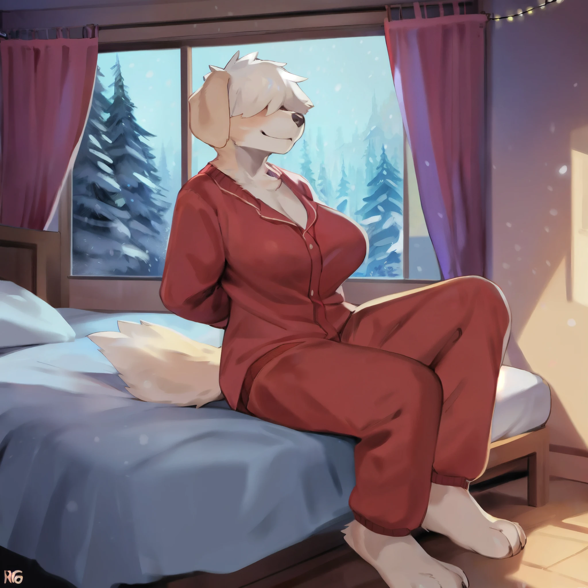 By bebebebebe, by goonie-san, by chunie, by bigcozyorca, solo, female, canine, labrador, hair over eyes, smiling, big breasts, pajamas, bedroom, snowing outside window, winter day, fairy lights, sitting on a comfy bed, hands behind back