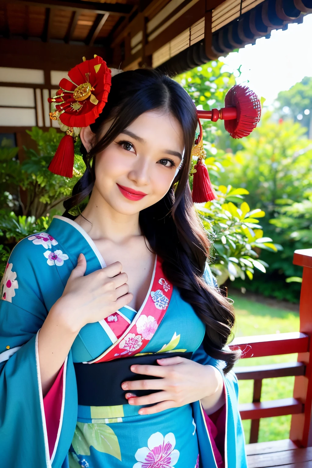 (Top image quality、8k、masuter piece:1.3))、(Realistic:1.2)、(1girl in)、pregnant woman、a smile、Hydrangeas are blooming outside、Have a dumpling、(Deities々Bright gorgeous blue kimono:1.2)、long kimono、(Oiran:1.3)、Delicat eyes、二重まぶた、(Very dark eyeliner)、red-lips、Soft breasts、delicated face
