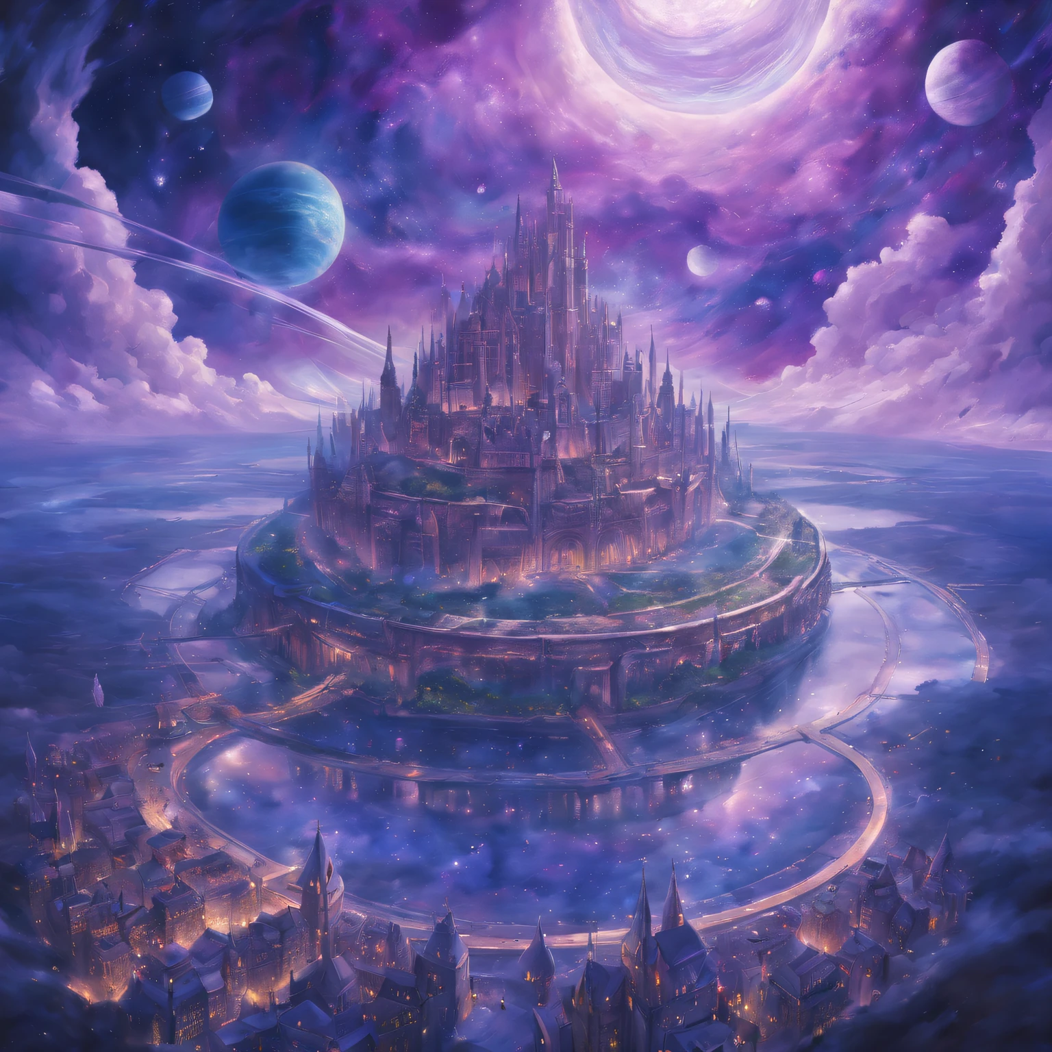 ((tmasterpiece)), Best quality, (8K, Best quality, tmasterpiece:1.2), ultra - detailed, illuminations, grand fantasy city, scientific fiction, Ethereal City, Floating city, There are many planets in the sky, There are clouds around, Celestial architecture, Purple energy scar surrounding, There is a huge castle in the center, astral sky