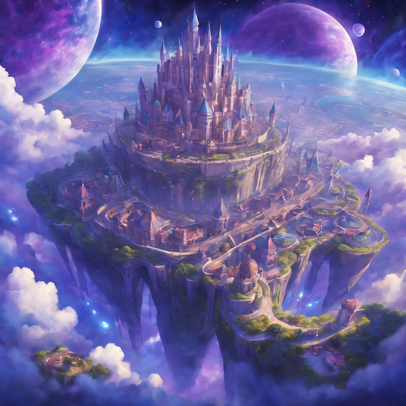 ((tmasterpiece)), Best quality, (8K, Best quality, tmasterpiece:1.2), ultra - detailed, illuminations, grand fantasy city, scientific fiction, Ethereal City, Floating city, There are many planets in the sky, There are clouds around, Celestial architecture, Purple energy scar surrounding, There is a huge castle in the center, astral sky
