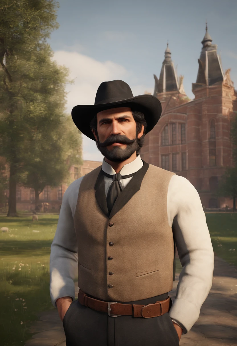 A picture of Dutch standing on a university campus, surrounded by students and engaged in a passionate discussion about political theory.,Red Dead Redemption 2,Well groomed man in late forties early fifties. Oily black hair which is swept back, neatly trimmed black moustache with patch of beard on his chin. Favours a black pork pie fedora hat., male