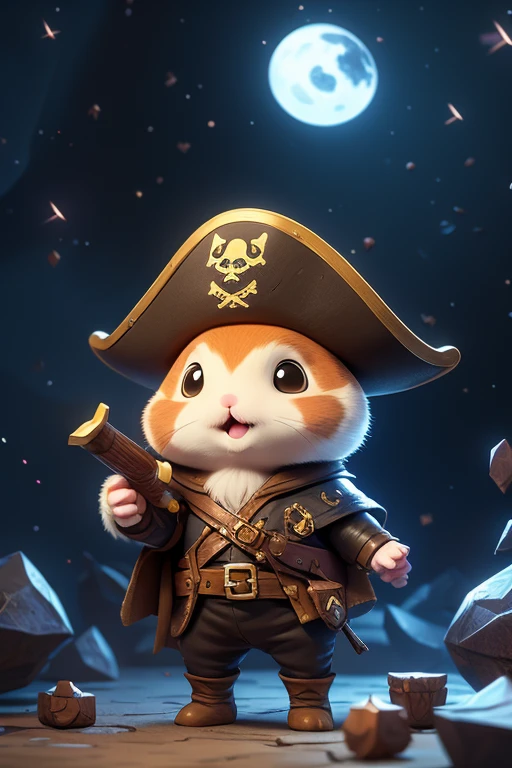 A cute hamster, rpg adventurer clothing, pirate outfit, angle from below, night sky