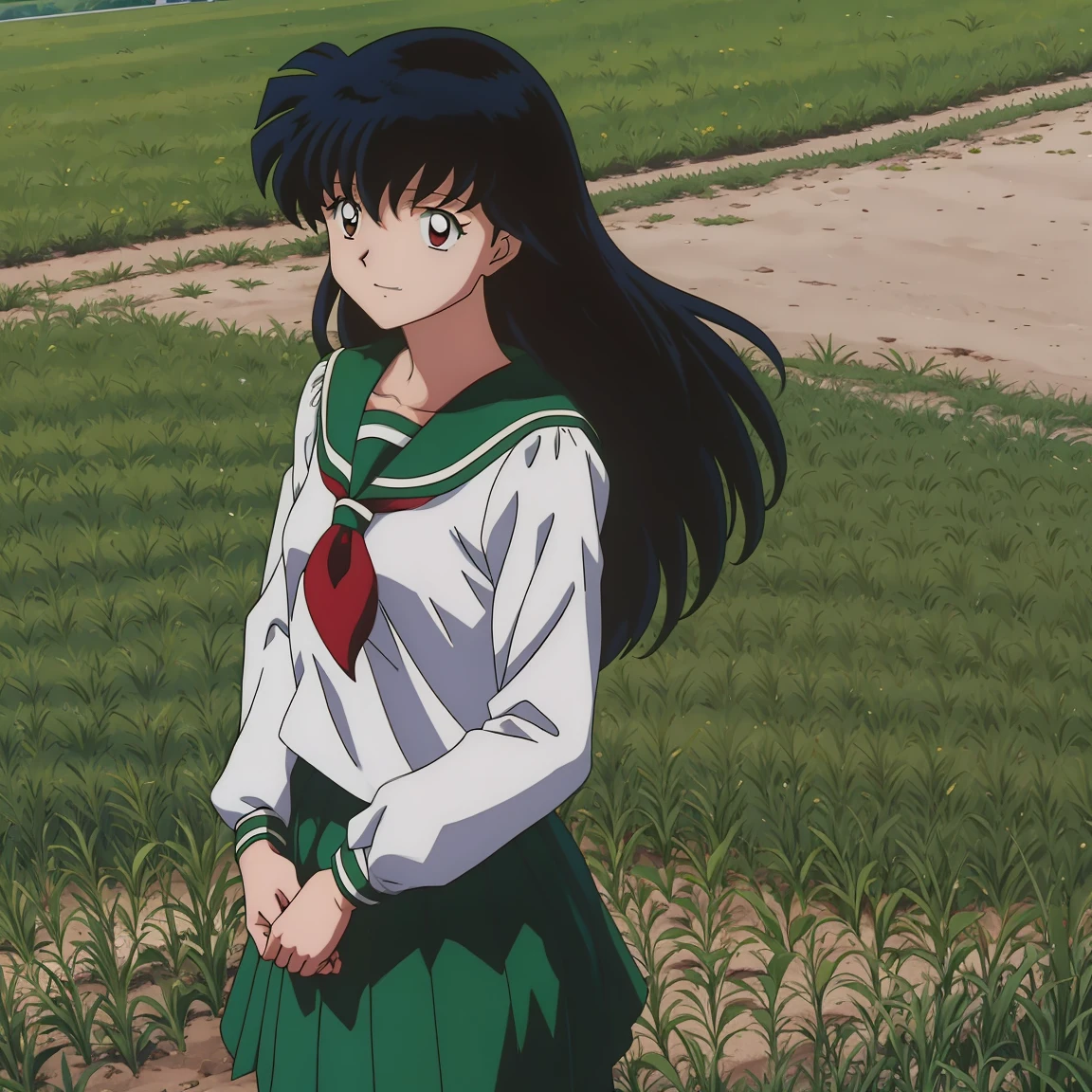 Best Quality, 巨作, ((anime)) ((Colored)) HD, Kagome Higurashi, 1girl, school uniforms, Standing, Green skirt, long  hair, Black hair between the eyes, long  hair, Red scarf, chest, smile, Full body, wallpaper