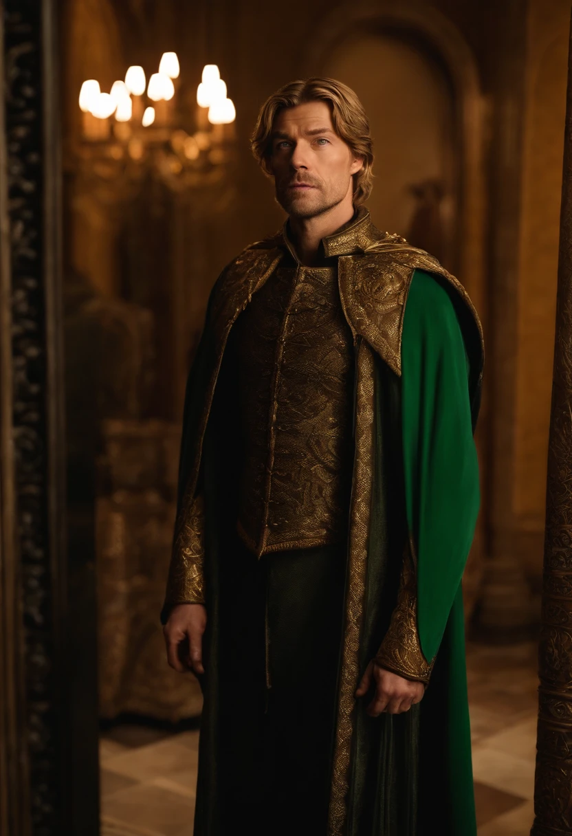 A photo of Jaime standing in front of a grand mirror, adjusting his golden Lannister cloak with a haughty expression.,Game of Thrones TV series,Jaime is handsome, blonde, with green eyes, and a golden hand, famously portrayed by Nikolaj Coster-Waldeau, male