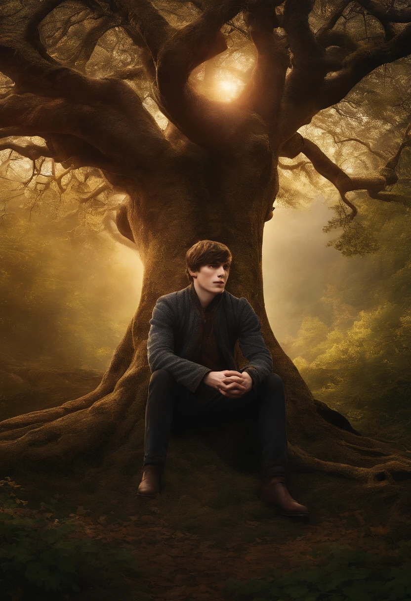 The image is of Bran sitting beneath the ancient Weirwood tree, surrounded by the ethereal glow of the mystical heart tree.,A Song of Ice and Fire series,Bran Stark, a central character in “Game of Thrones,” initially appears as a young boy with a curious and adventurous spirit, featuring tousled hair and the traditional Stark attire of the North. After his fall and subsequent paralysis, his physical appearance becomes more subdued, reflecting the seriousness of his journey and transformation. , male