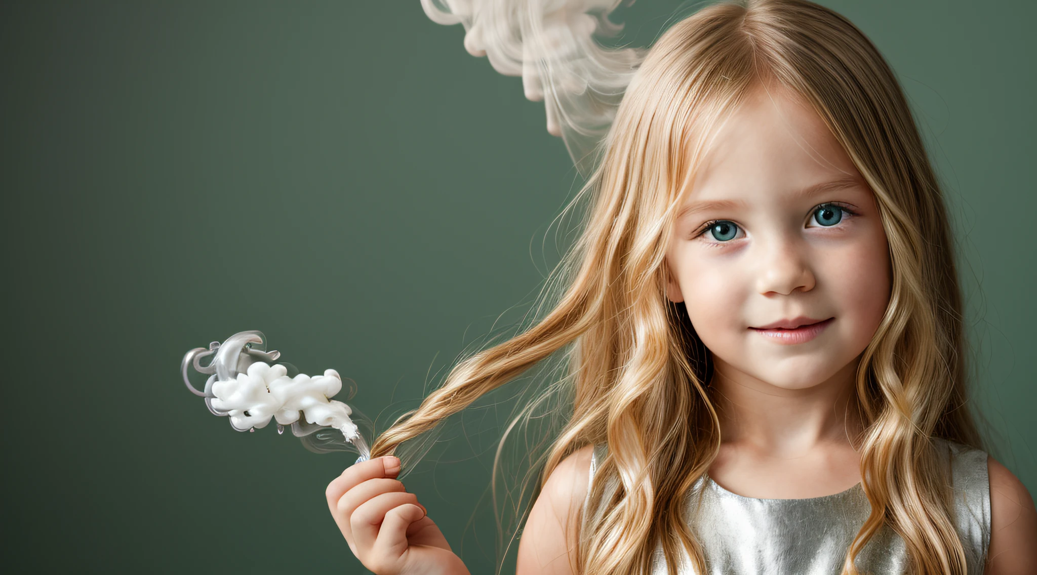 close-up CHILDREN BLONDE GIRL WITH LONG HAIR, em um fundo VERDE., usando um vestido prateado, vestido prateado e halo em chamas, Studio photo session, fundo branco. FUMO FUMO VERDE.