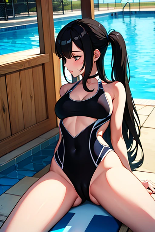 in poolside、Competitive swimsuit、a beauty girl、highleg、Long black hair、teats、ssex、doggy style、1 male