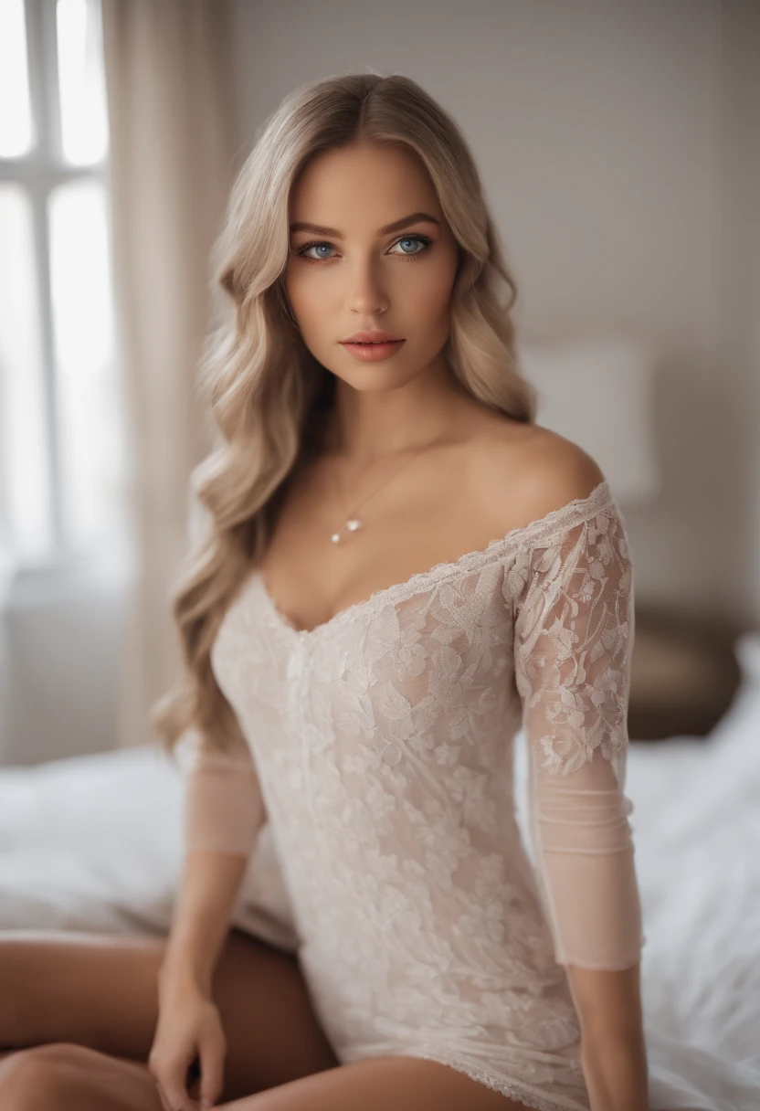 arafed woman fully , sexy girl with blue eyes, ultra realistic, meticulously detailed, portrait sophie mudd, blonde hair and large eyes, selfie of a young woman, bedroom eyes, violet myers, without makeup, natural makeup, looking directly at the camera, face with artgram, subtle makeup, stunning full body shot kneeling on bed, in bedroom, medium to large size bust