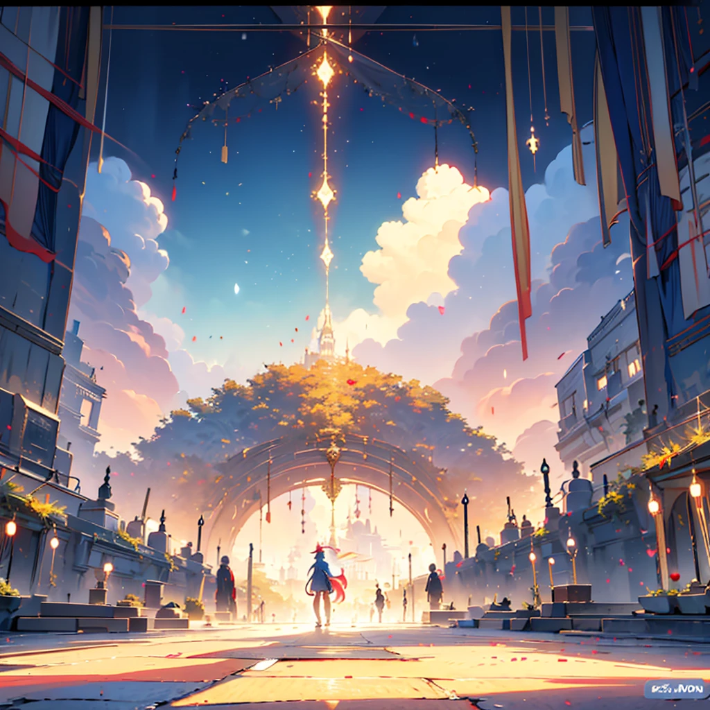 Cartoon city street view，There are narrow streets leading to European style， Anime background art, Anime style cityscape, Colorful anime，A world of magic， beautiful anime scenery, different orcs，Leprechaun，Little monster in the street