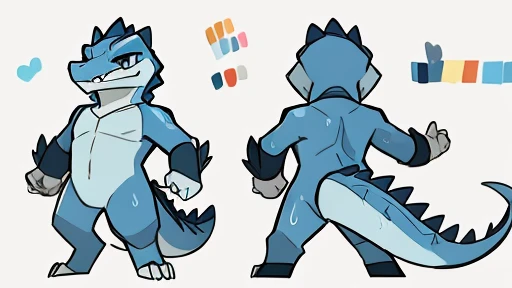 blitzdrachin, crocodile, male, solo, ass, sweaty, white background, big tail, sit, model sheet, skyblue body