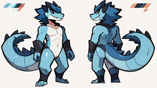 blitzdrachin, crocodile, male, solo, ass, sweaty, white background, big tail, sit, model sheet, skyblue body
