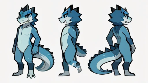 blitzdrachin, crocodile, male, solo, ass, sweaty, white background, big tail, sit, model sheet, skyblue body