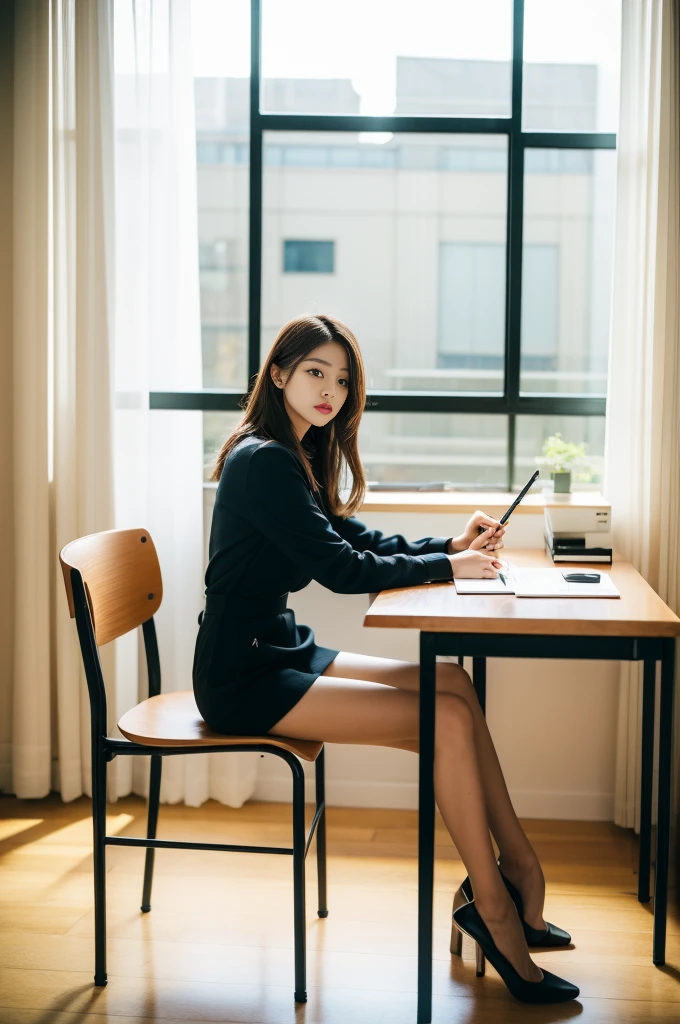 Woman sitting at desk in office,Raphael Tower visible from the window, gorgeous young korean woman, beautiful Korean women, korean artist, Korean girls, korean woman, sittinng on the desk, beautiful young korean woman, Korean fashion model, sit at your desk, illuminate warmly, Bae Xiuzhi, sit on chair, sit at your desk, captivating posture