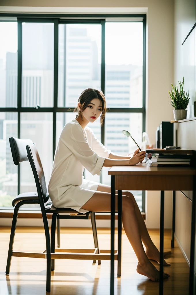 Woman sitting at desk in office,Raphael Tower visible from the window, gorgeous young korean woman, beautiful Korean women, korean artist, Korean girls, korean woman, sittinng on the desk, beautiful young korean woman, Korean fashion model, sit at your desk, illuminate warmly, Bae Xiuzhi, sit on chair, sit at your desk, captivating posture