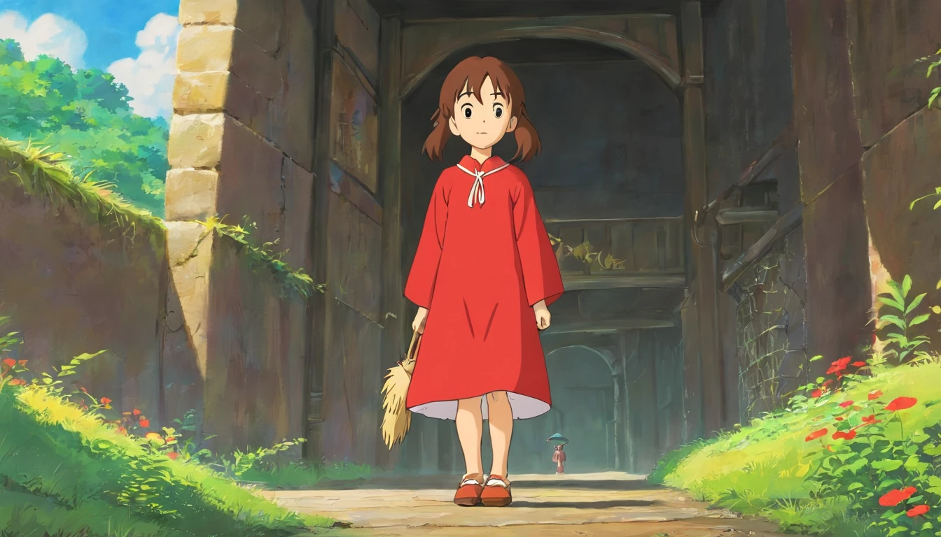 Beside the small pit,Younger sister,7 years old,Red clothes,