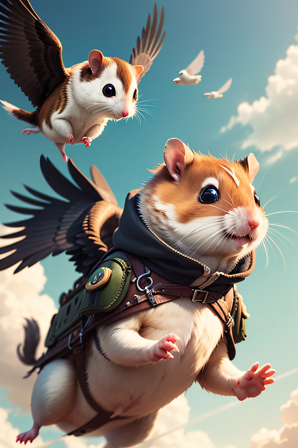 hamster adventurer, Adventurer's Costume, 
Hamster happily flies through the sky on the back of an eagle, (Motion Blur), 
(best composition), (masutepiece), (Best Quality), (ultra high detail)