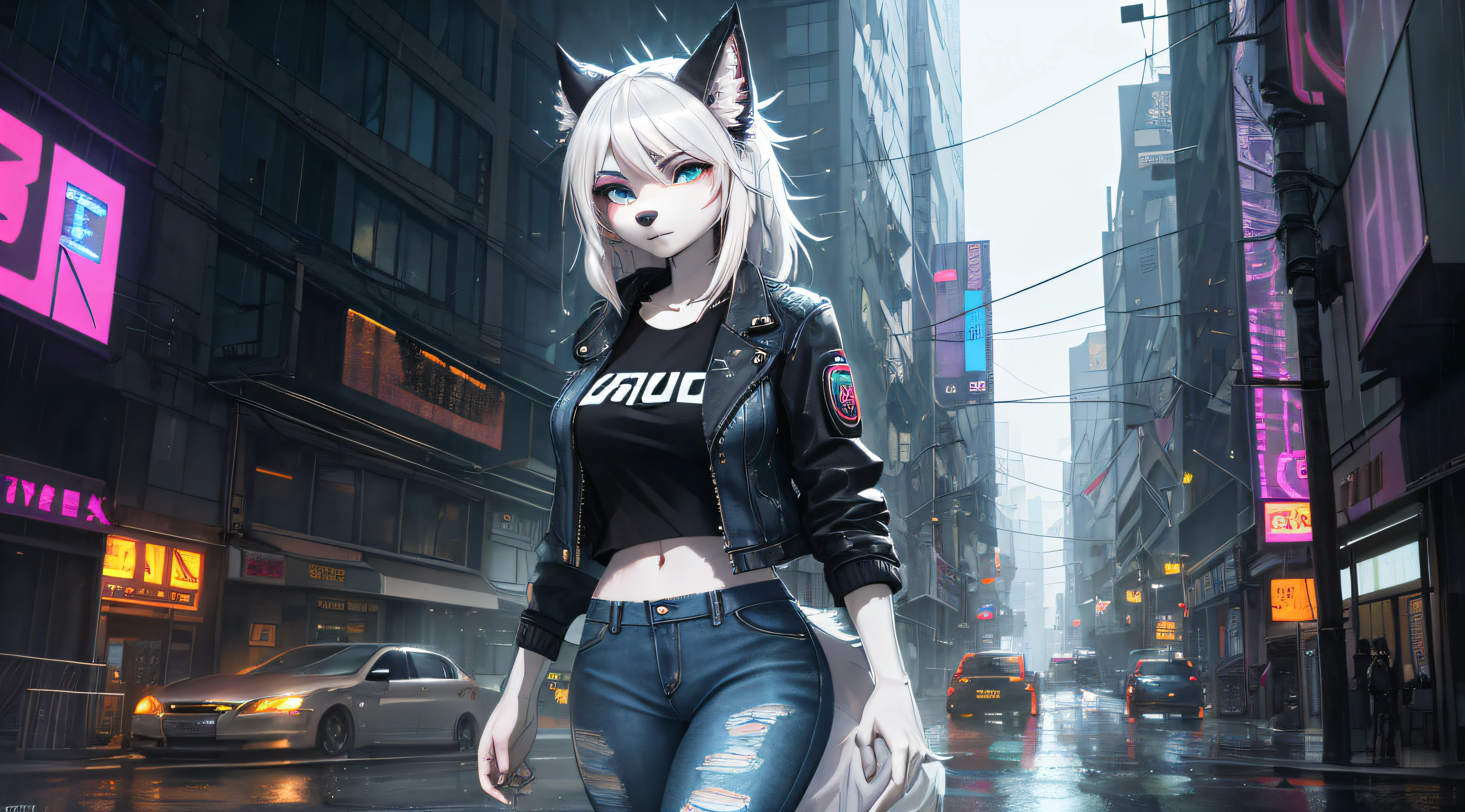 cyberpunk denim jacket, Glowing T-shirt, Miss Wolfdog, beauitful face, with a determined look in his eyes, white color hair, Hairy limbs, City streets on rainy days, , Beautiful light and shadow、ambient light、Ultra-fine fur、Volumetric light is very detailed，Best quality