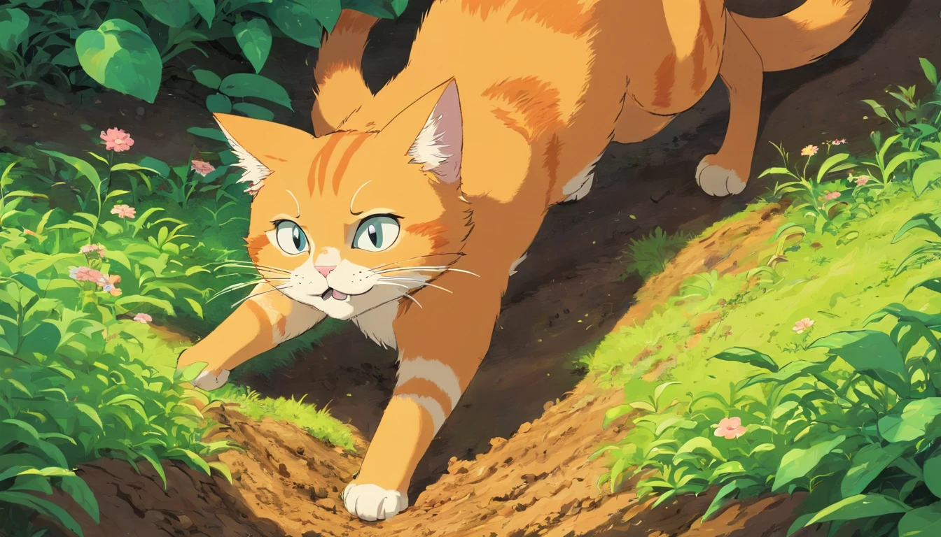 orange cat,Dig the soil with claws