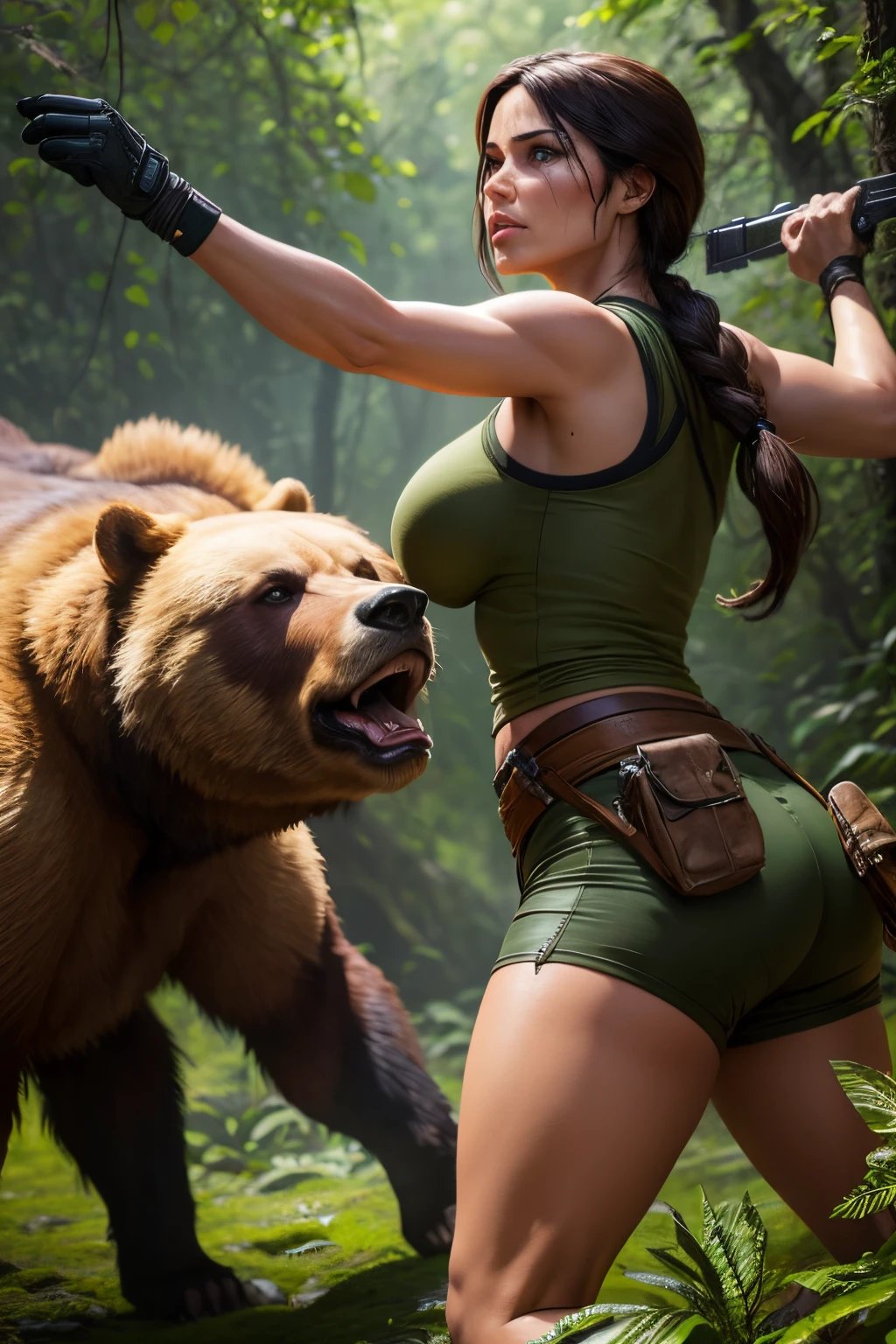 Lara Croft fighting a bear in the jungle. Perfect anatomy. Beautiful ultra detailed face. Soft dawn light will illuminate the scene, highlighting its serenity. sharp focus, 8k, UHD, high quality, frowning, intricate detailed, highly detailed, hyper-realistic, beautiful brown eyes, symmetric nose, perfect mouth. Brown eyes.