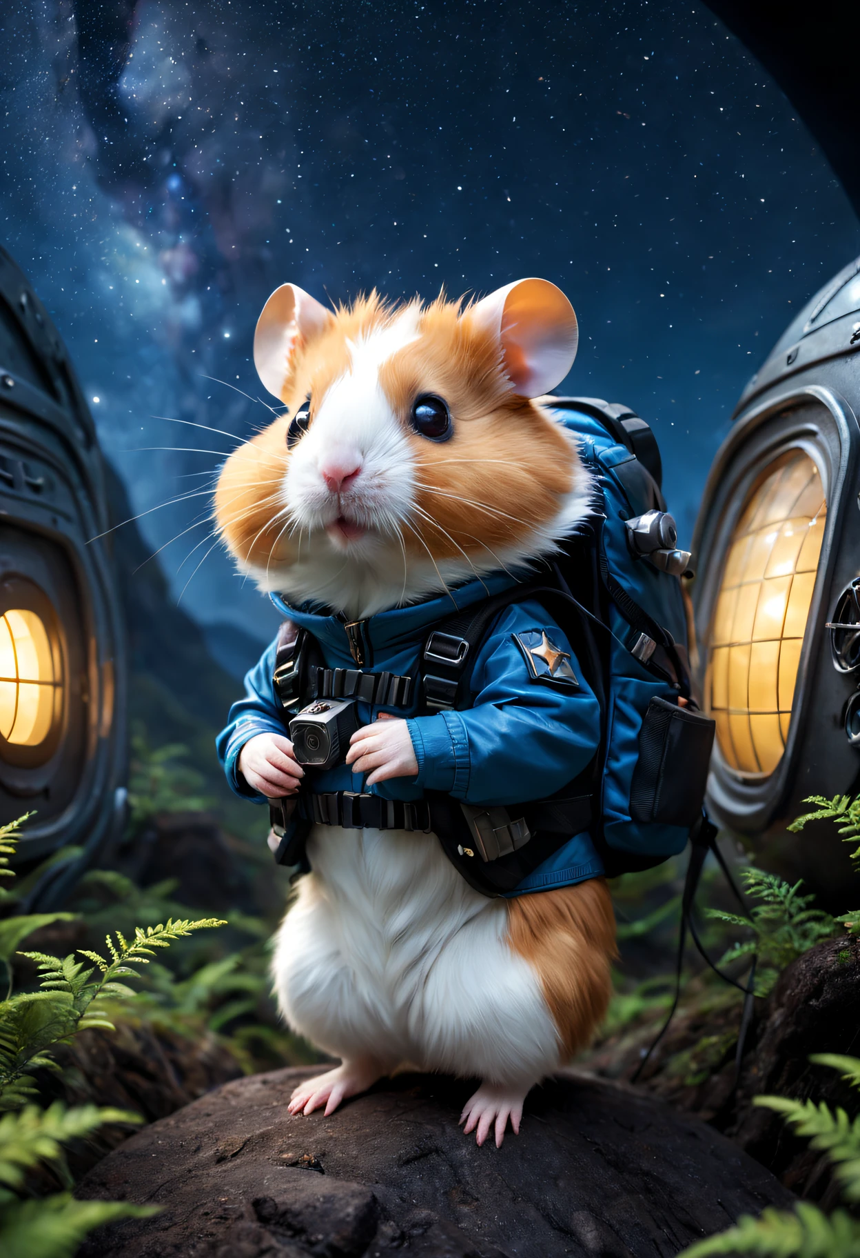 like a dream, galaxias, outerspace, Starcloud, As estrelas, [cyber punk personage] hamster from the star wears (Adventure set,Outdoor adventurer clothing) adventure backpack. (As estrelas:1.5),
