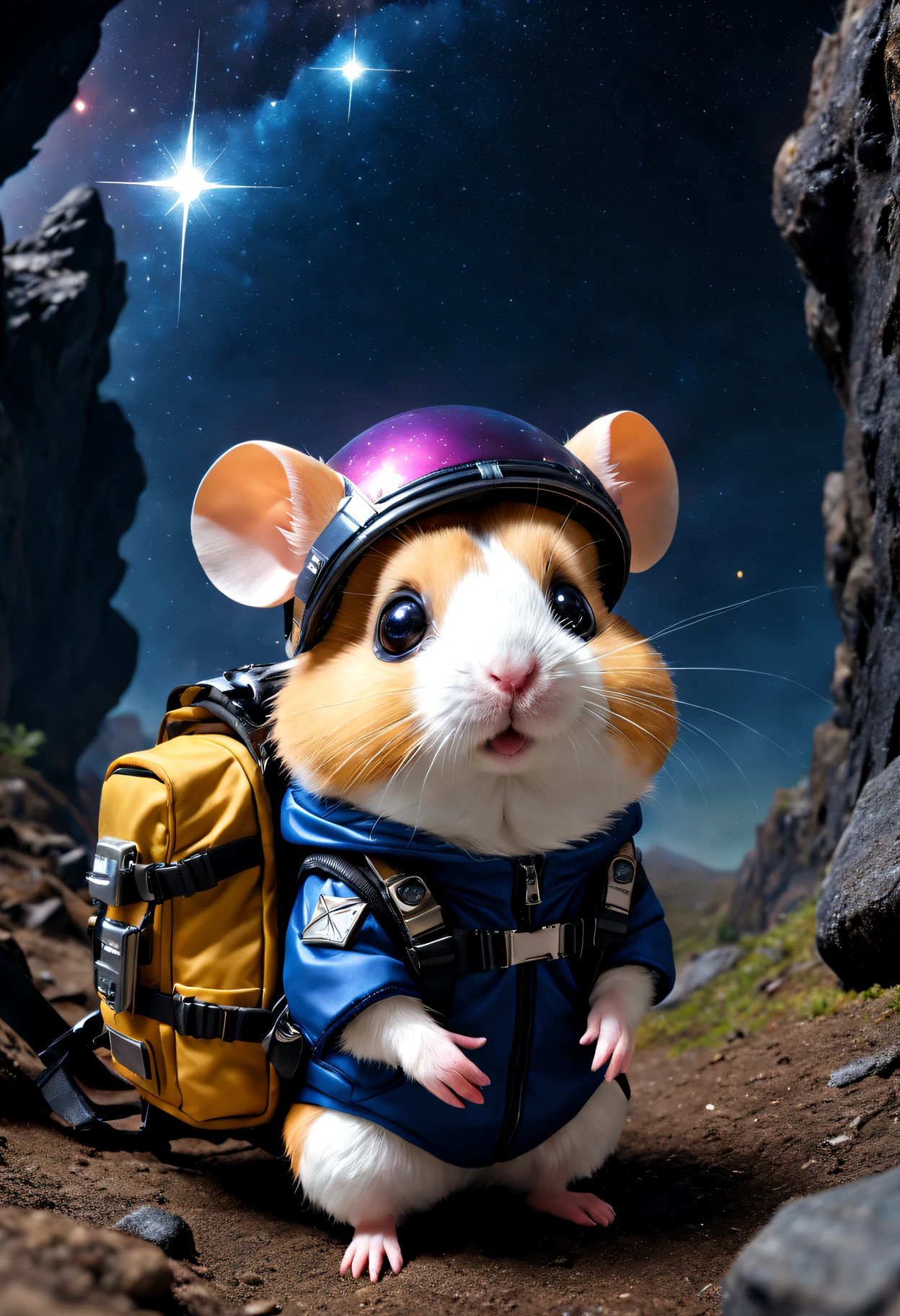 like a dream, galaxias, outerspace, Starcloud, As estrelas, [cyber punk personage] hamster from the star wears (Adventure set,Outdoor adventurer clothing) adventure backpack. (As estrelas:1.5),