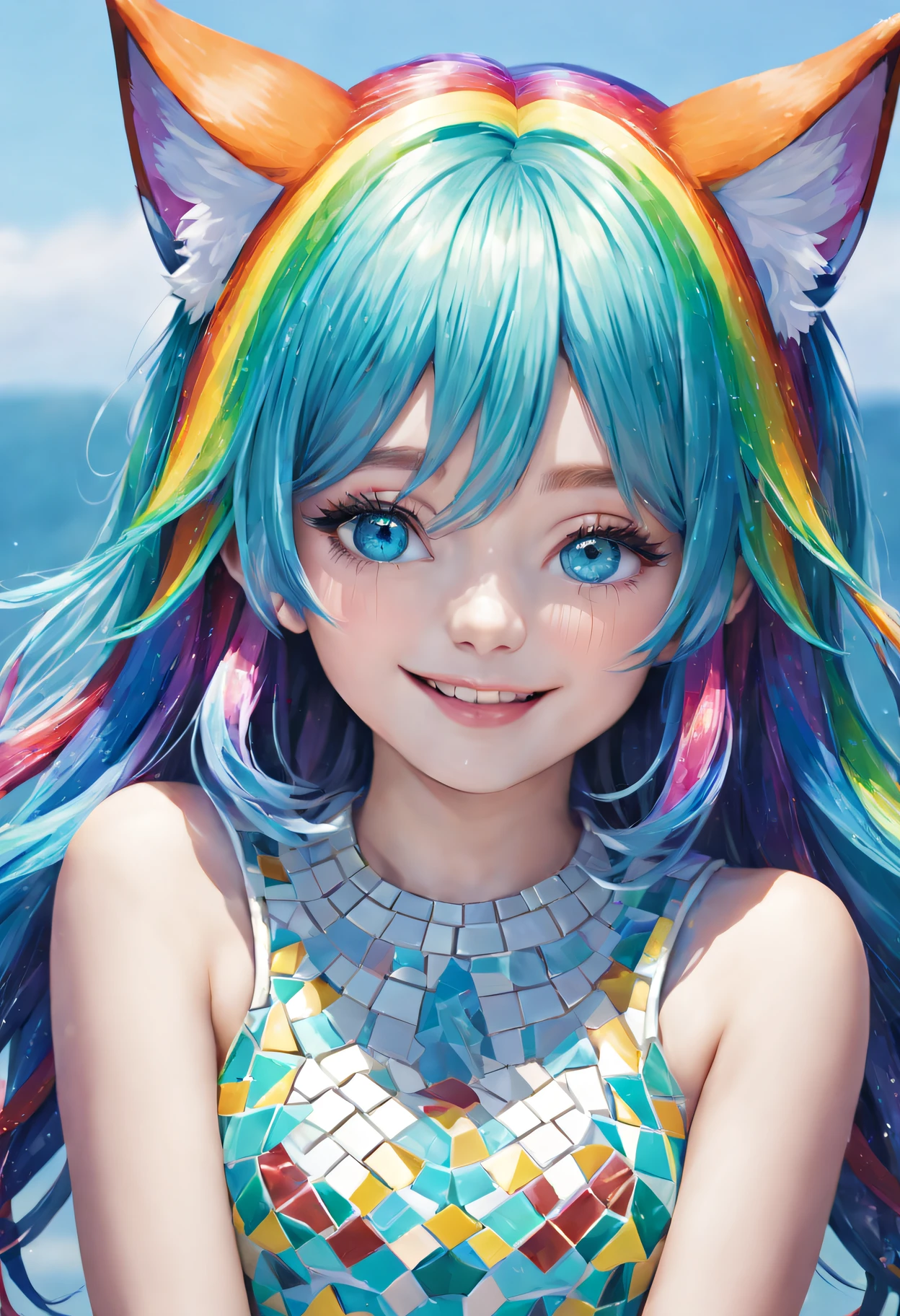 Portrait of young girl in mosaic style, rainbow hair, Water-colored eyes, fox ear, light  smile, photomosaic, Fuji color, Best quality at best, hyper HD, super detailing, Award-Awarded, 4K