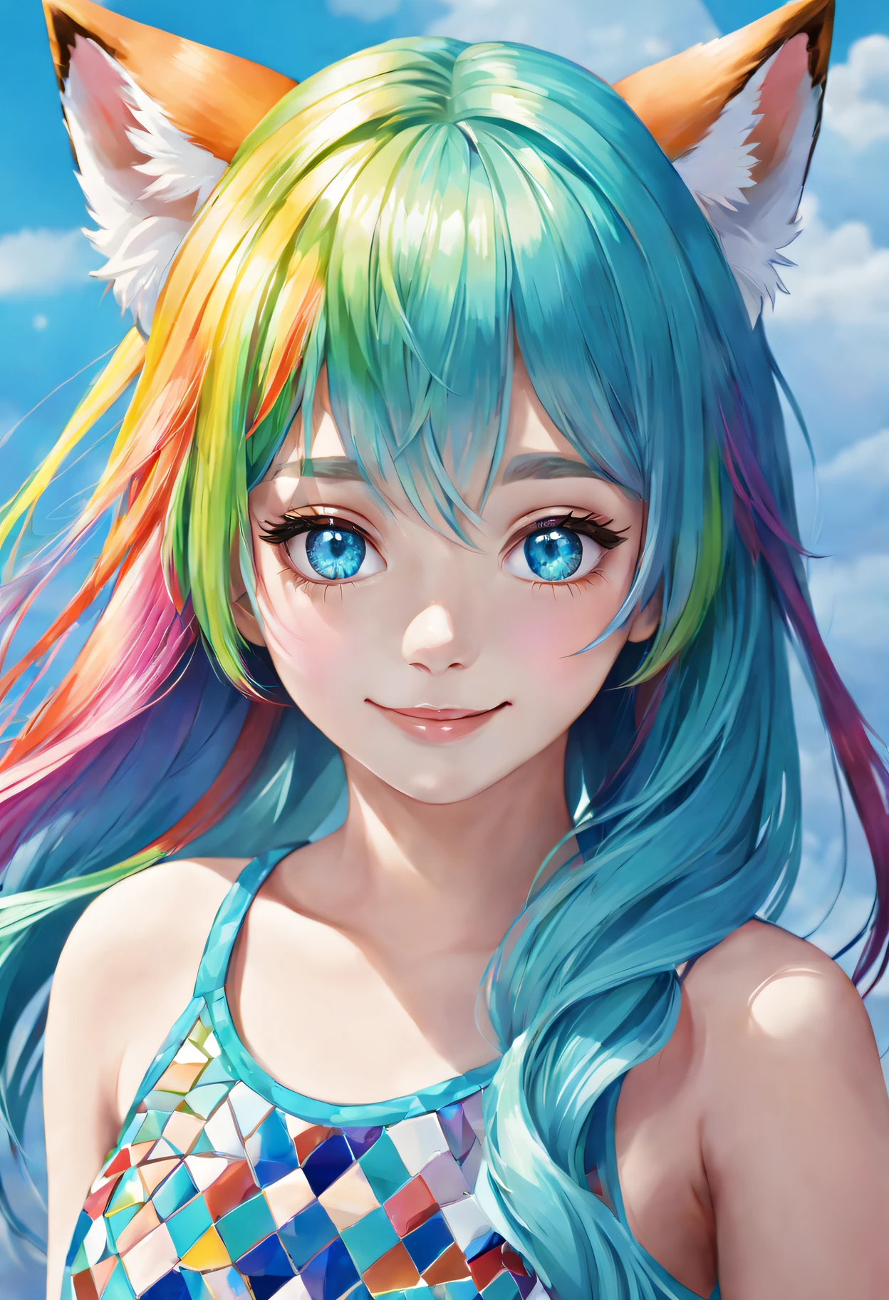 Portrait of young girl in mosaic style, rainbow hair, Water-colored eyes, fox ear, light  smile, photomosaic, Fuji color, Best quality at best, hyper HD, super detailing, Award-Awarded, 4K