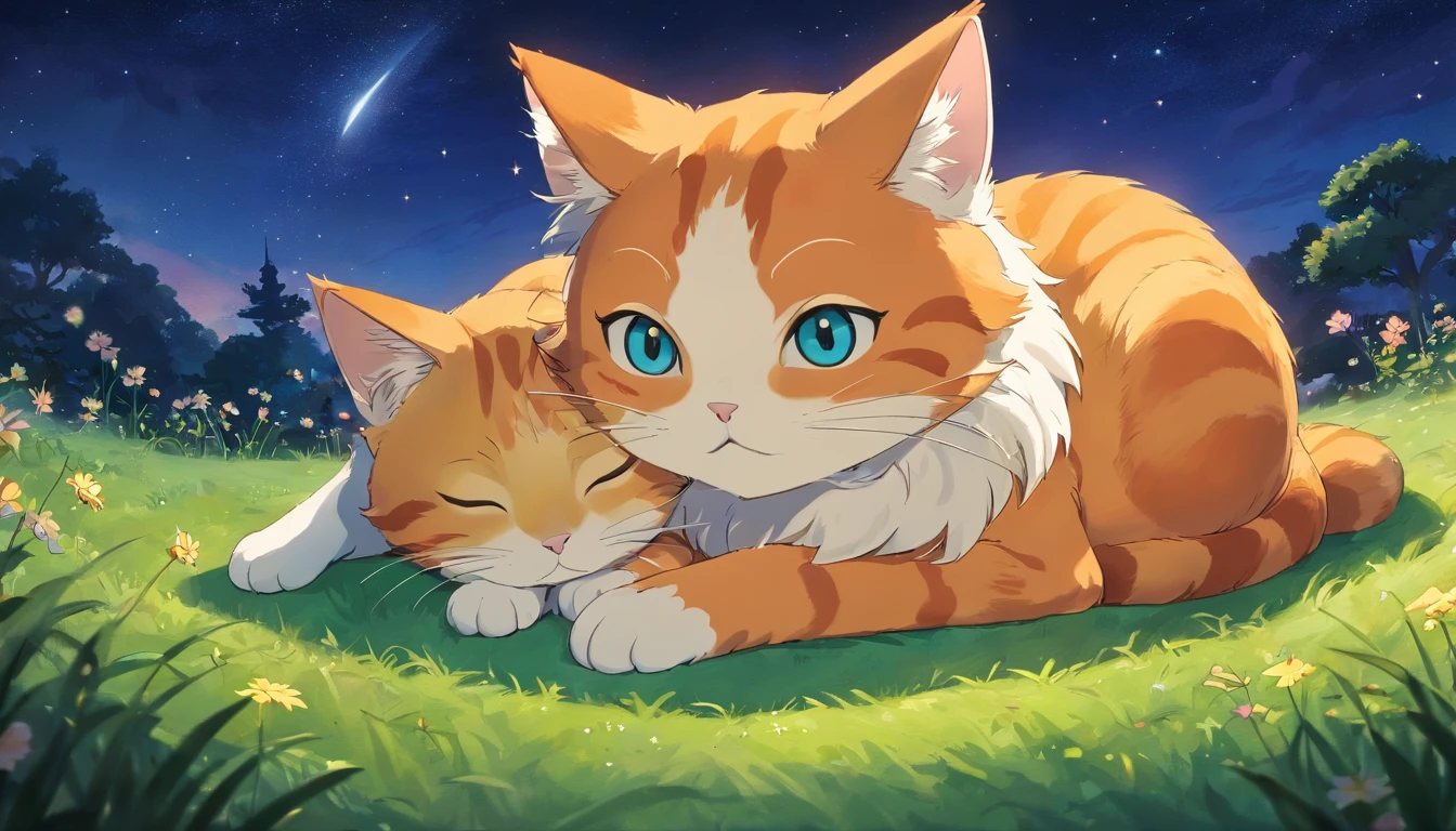 As night fell,The sky is extraordinarily beautiful dotted with stars。Orange cat finds a cozy place on the grass,curled up in a ball,Quietly admiring the starry sky。